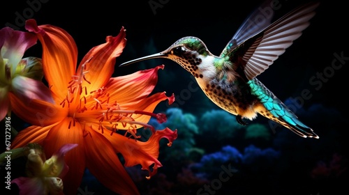 Photo a hummingbird kissing a colorful flower on a bright night © sania