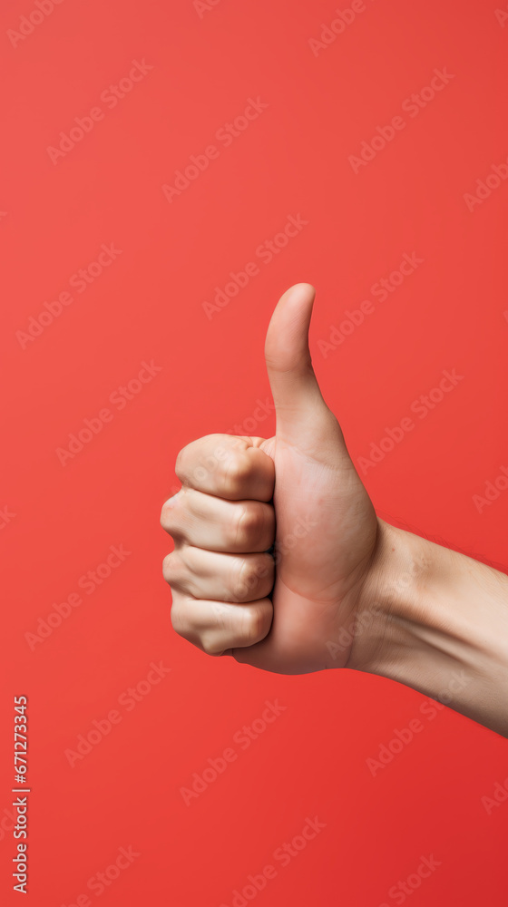 A hand giving a thumbs up on a red background
