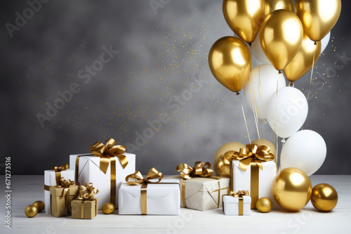 Birthday card with  white and golden balloons and gifts on grunge background
