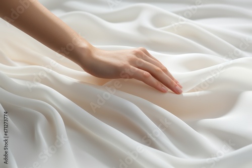The girl lies on the bed and touches the bed, fabric, silk with her hand. It's a pleasure, I just woke up. Orgasm, intimate life, strong feelings photo