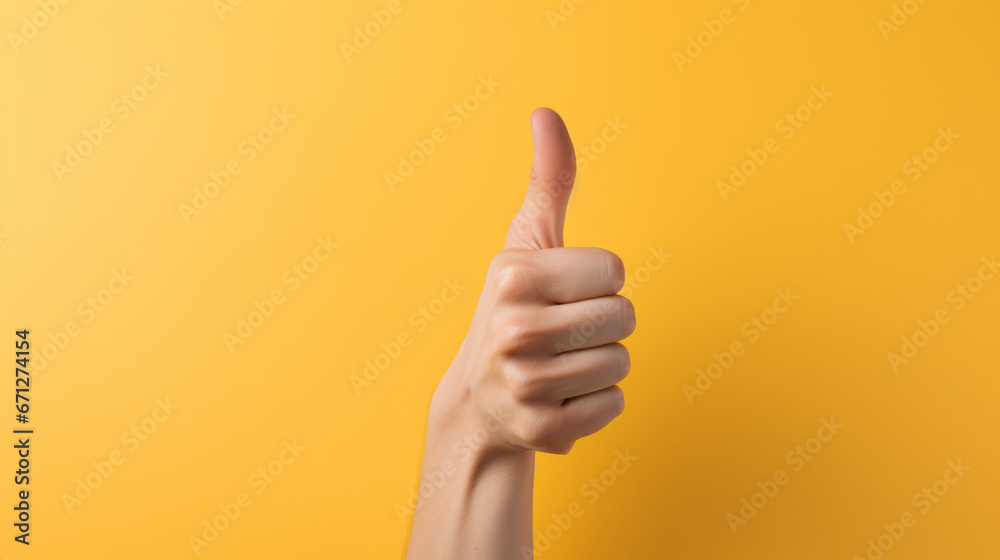 A person giving a thumbs up sign on a yellow background - obrazy, fototapety, plakaty 