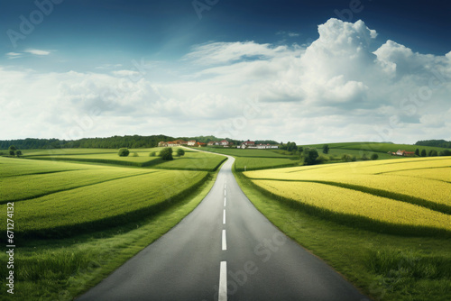 Straight Path in Nature: A direct road stretches across lush green fields under the bright sky with small clouds on a sunny day