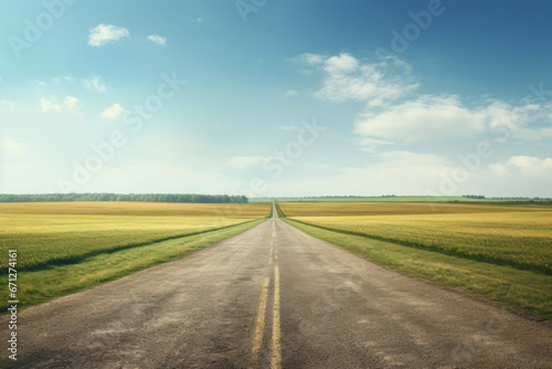 Sunny Countryside Highway: A clear highway cuts through verdant landscapes, basking in sunlight, with the azure sky and fluffy clouds above