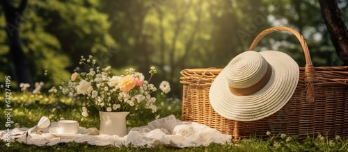 A lovely arrangement featuring an old fashioned picnic basket a delicate sun umbrella adorned with lace and a summer hat all placed on the lush green lawn of a park garden on a sunny summer