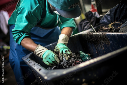 Hands of a person wearing protective gloves, examining dirt and rubbish in bins, emphasizing the importance of proper waste disposal photo