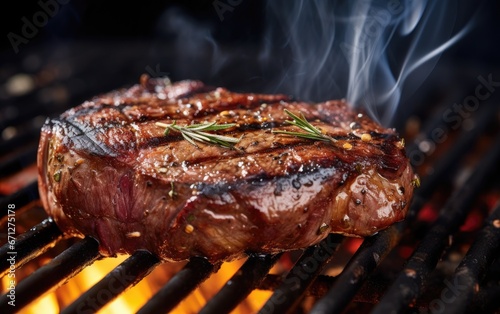A delicious beef ribeye steak grilling on flaming grill