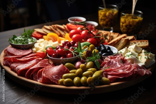 Delicious appetizer of sliced meat, cheese, olives, cherry tomatoes and souses on a large plate