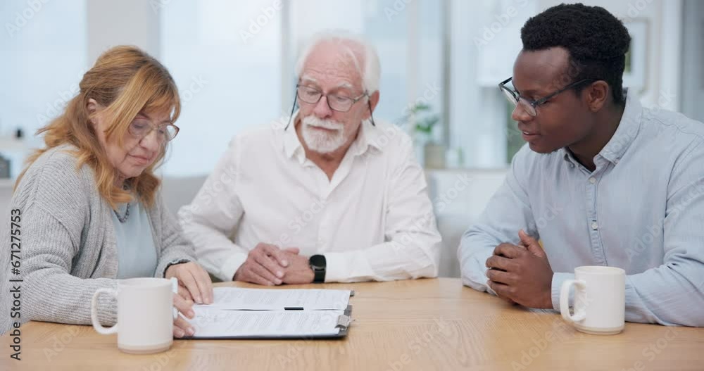 Senior couple, insurance and contract with financial advisor and retirement plan to sign. Document, pension and business analyst with info and consultant paperwork in office for signature of will Senior couple, insurance and contract with financial advisor and retirement plan to sign. Document, pension and business analyst with info and consultant paperwork in office for signature of will