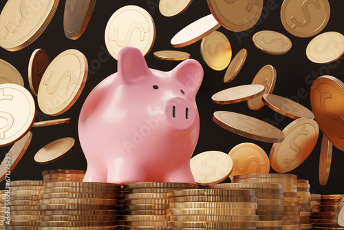 Canvas Print Golden coins falling on a pink piggy bank standing on stacks of gold coins