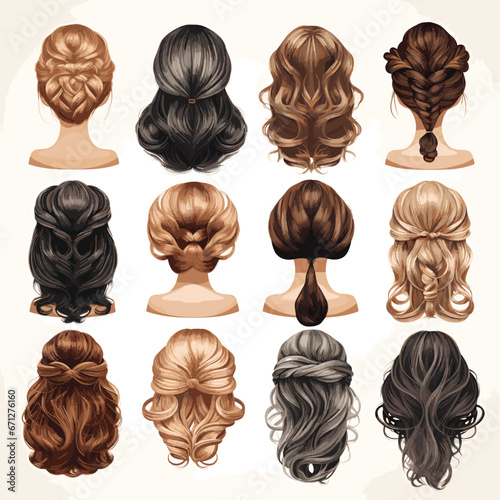 Women wigs hairstyle back icons set