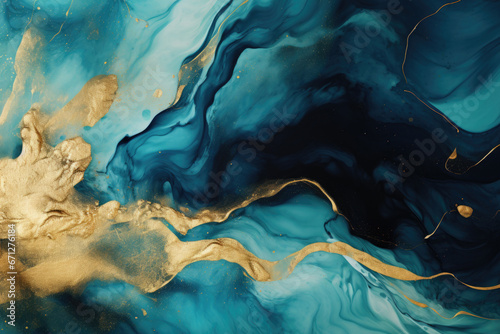 Blue and gold painted waves background