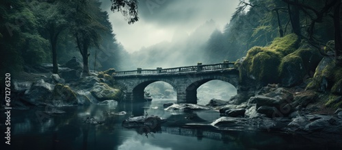 A serene river with a bridge crossing over it