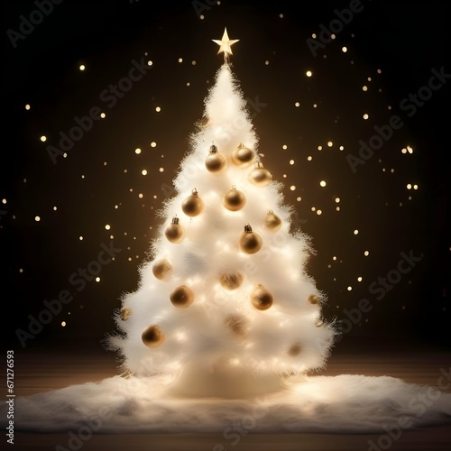 Árbol de Navidad Blanco y Esferas Doradas Pino Navideño en Color Blanco y Dorado Nevado en Fondo Obscuro con Estrellas