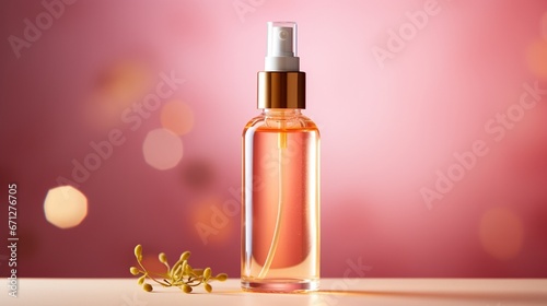 A close-up shot of a golden bottle of facial mist with its cap off, set against a bright pink background.