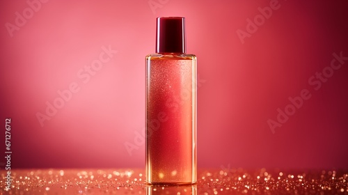 A close-up shot of a golden bottle of facial mist with its cap off, set against a bright pink background.