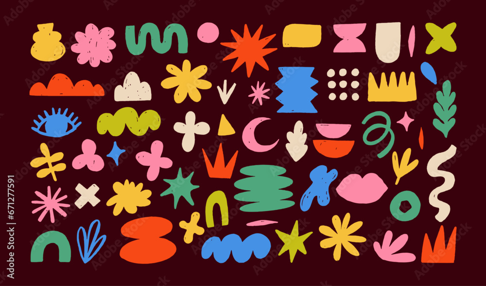 Hand drawn naive, bizarre abstract geometric shapes and forms. Modern contemporary figures, various organic shapes and doodle objects, vector graphic elements