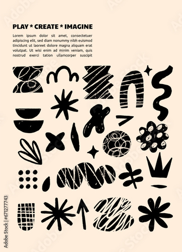 Hand drawn naive, bizarre abstract geometric poster, flyer and banner. Modern contemporary figures, various organic shapes and doodle objects, vector graphic elements