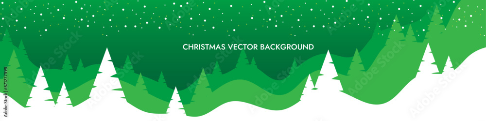 Green Winter Vector Christmas Background with Snowflakes, Branches, and Chrismas Tree. 