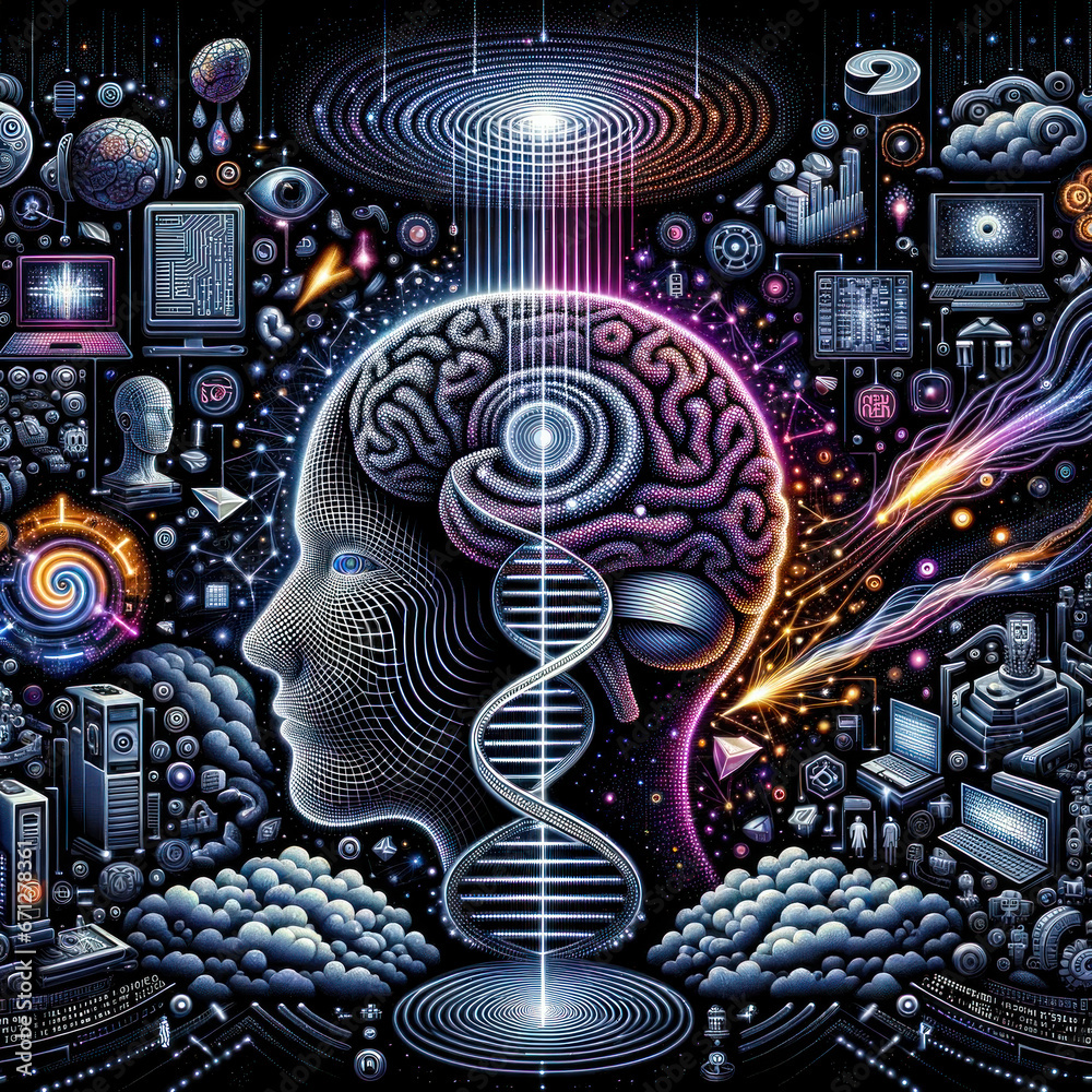 Artistic Depiction of a Digital Environment with Zeros and Ones Streaming from the Top At the Centerpiece a Human Brain Transitions into Digital Illustrations Wallpaper Digital Art Background Cover 