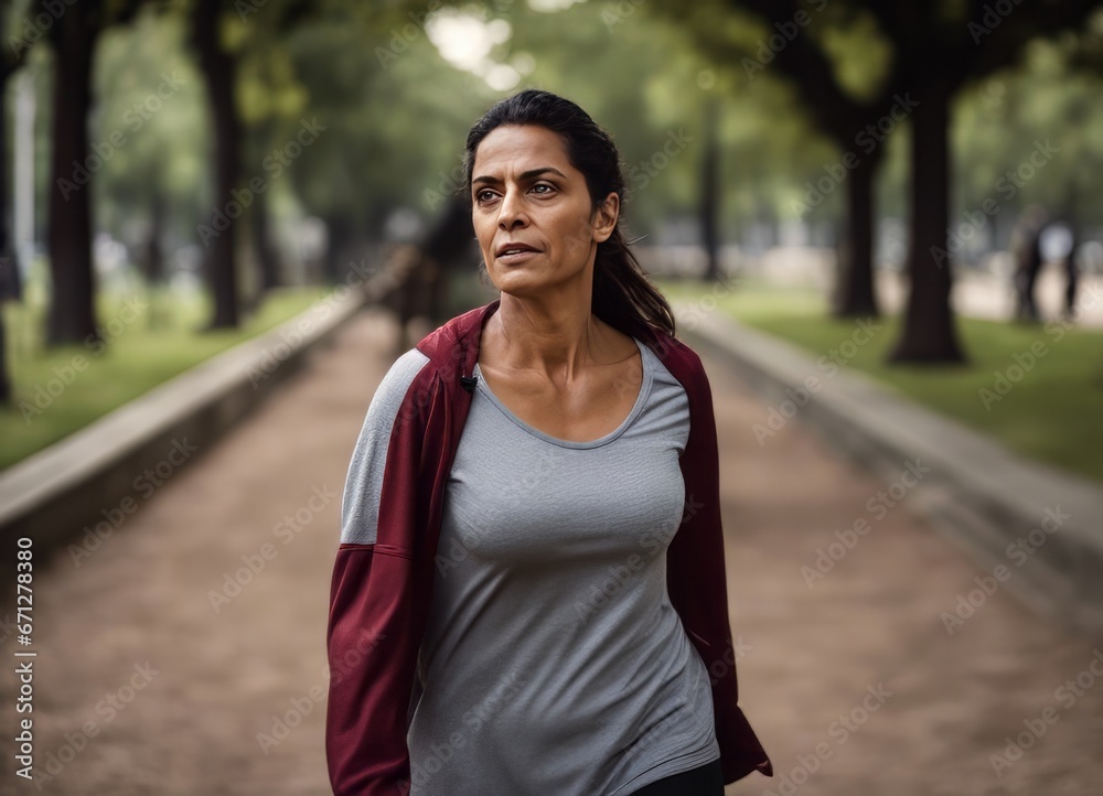 A 40-year-old Brazilian woman runs with a gray and dark red shirt