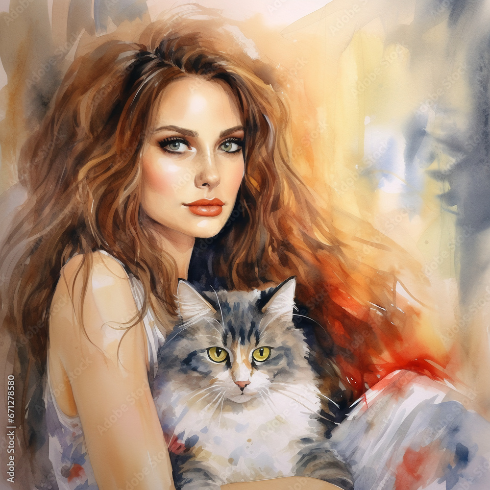 Portrait of a woman and her cat. Portrait of a woman and her cat.