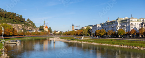 Panoramic view of Salzburg cityscape in Austria , view from Marko-Feingold-Steg bridge. Fourth largest city in Austria.