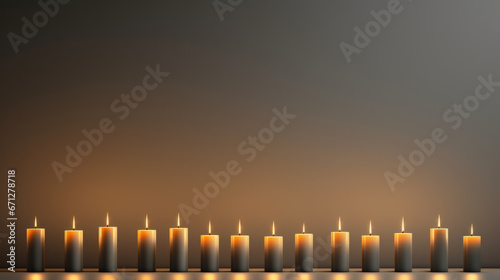 A row of lit candles sitting on top of a table