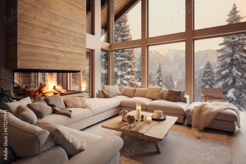 Interior of a modern chalet in the mountains with cozy sofa and fireplace © Lazylizard