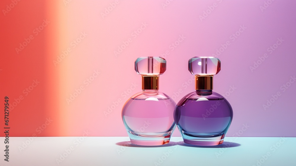 Luxurious scent containers showcasing modern design on a colorful background Luxurious scent containers showcasing modern design on a colorful background