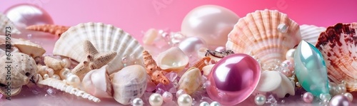 Vibrant marine collection with seashells, starfish, and pearls on a pink backdrop.