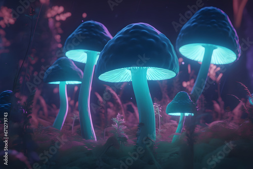 Magic and fairy neon mushrooms. Neural network AI generated art