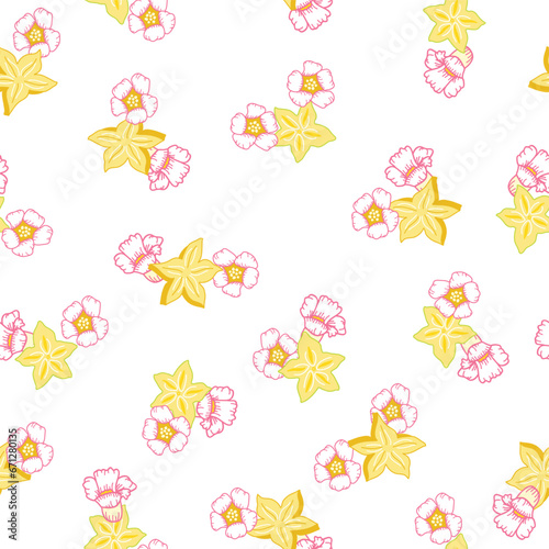 This White Background Has Scattered Slices of Yellow Carambola, also Known as Star Fruit, with its Pink and White Star Fruit Flowers Creating a Vector Repeat Seamless Pattern Design