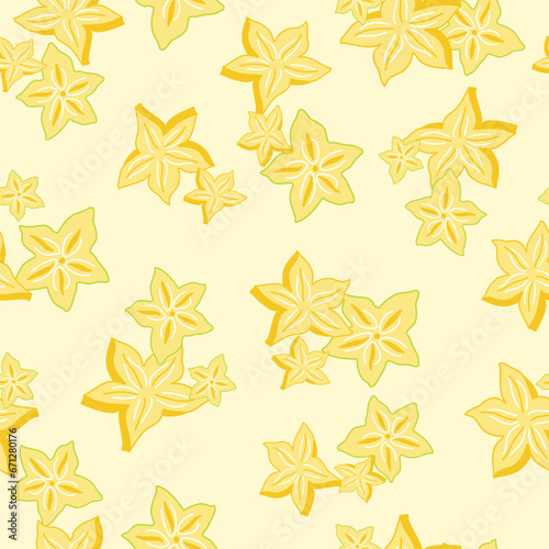 A Vector Repeat Pattern Design with Slices of Yellow Carambola  also Known as Star Fruit  on a Pale Yellow Background