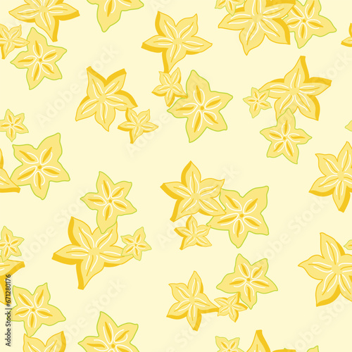 A Vector Repeat Pattern Design with Slices of Yellow Carambola, also Known as Star Fruit, on a Pale Yellow Background