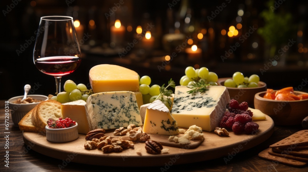 Cheese assortment on wood cutting board with red wine. Cheese assortment on wood cutting board with red wine.