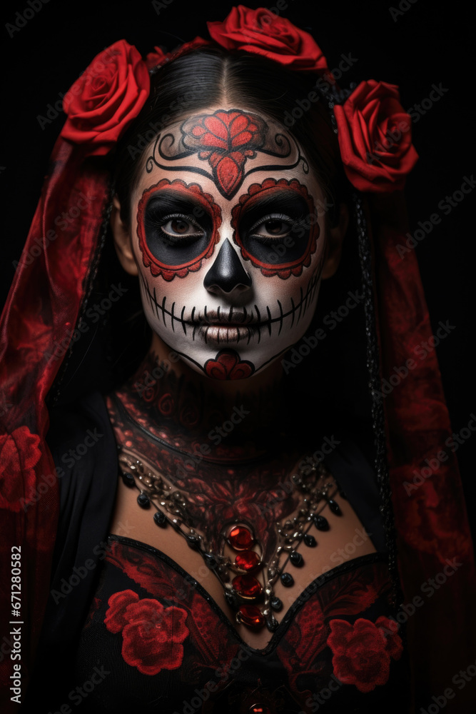 Woman with sugar skull make up and red flowers, Mexican holiday of the dead. Woman with sugar skull make up and red flowers, Mexican holiday of the dead.