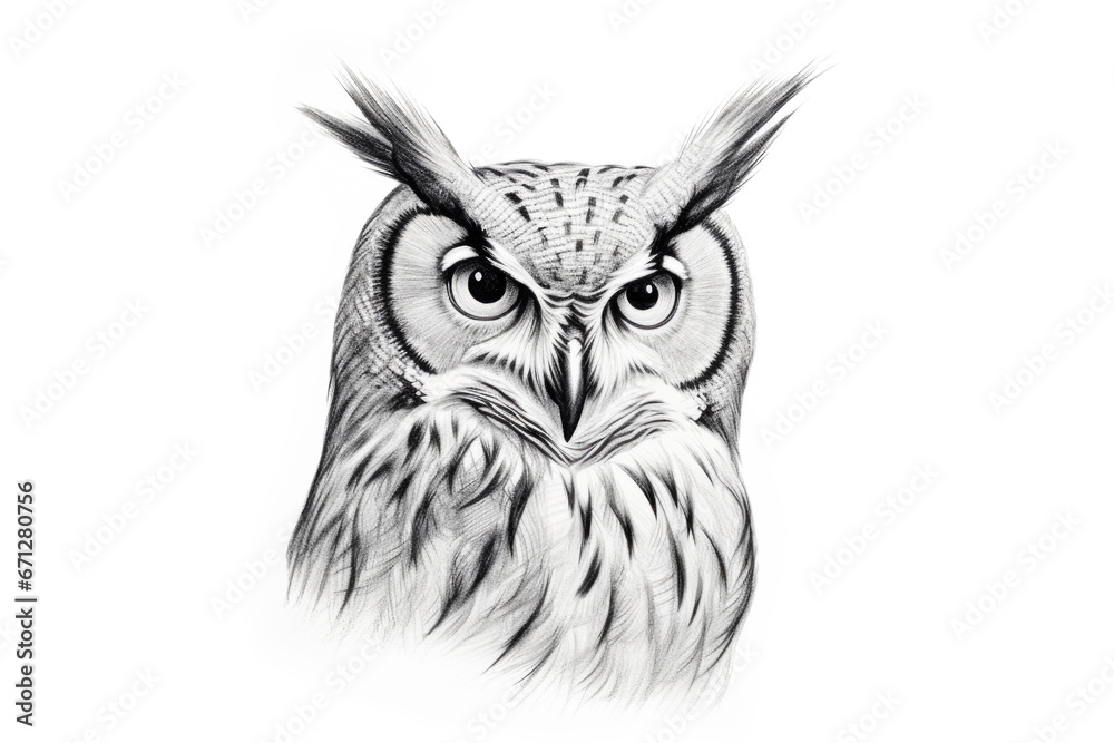 Fototapeta premium Owl Portrait in Black and White Graphic Isolated on White Background