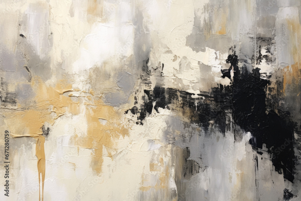 Black, White, Gray and Gold Abstract Modern Art Acrylic Canvas Painting. Brush Strokes Texture.