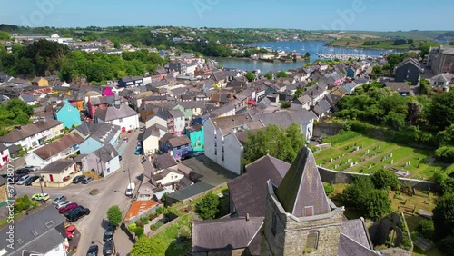 CORK- 8.27.2023 -Excellent aerial footage moving over the town of Kinsale, Ireland from a cathedral towards the water.
