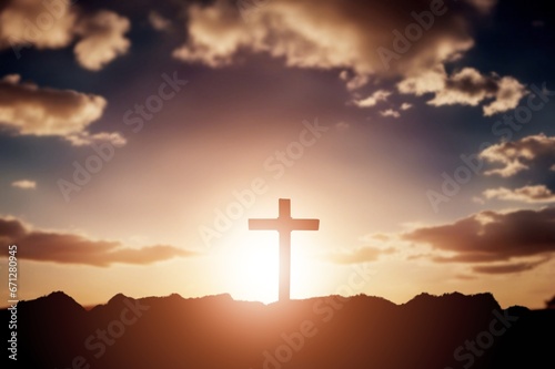 Dark wooden cross above the bright sky, AI generated image