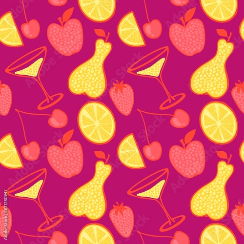 Fruit cocktail cartoon ingredients seamless cherry and pears and lemon and strawberry pattern for wrapping paper
