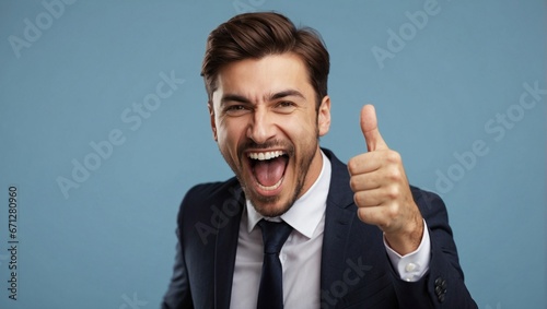  Successful Businessman Giving Thumbs Up blue background