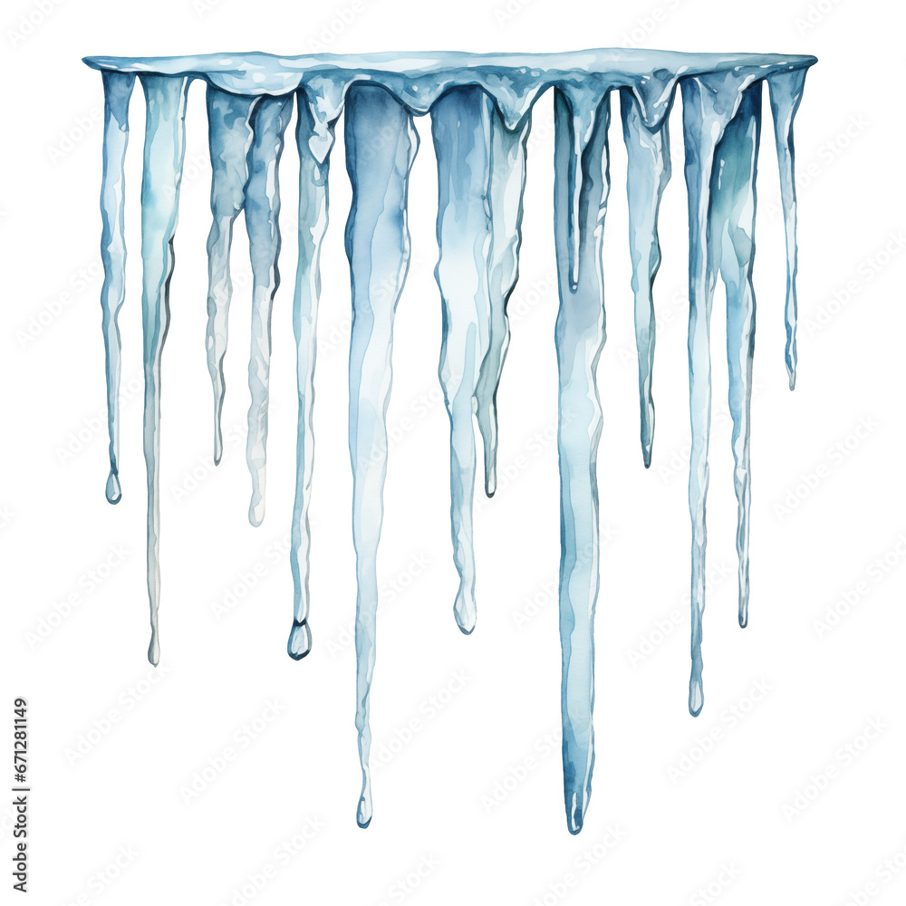 Hanging blue icicles painted in watercolor. Element for design, clip art - obrazy, fototapety, plakaty 