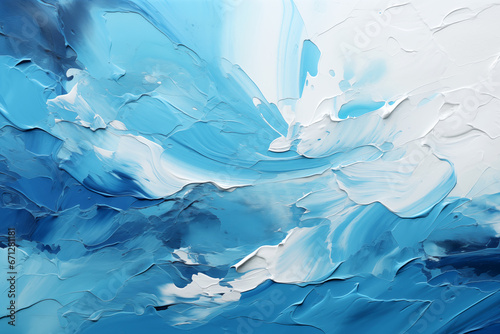 Wet acrylic paints in white and blue colors, abstract background