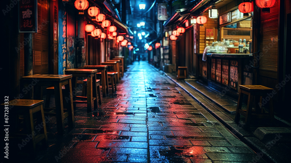 Misty Japanese alleyway with vibrant red lanterns, generative ai Misty Japanese alleyway with vibrant red lanterns, generative ai