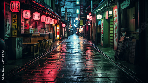Rain-soaked Japanese street at night, lantern-lit, generative ai