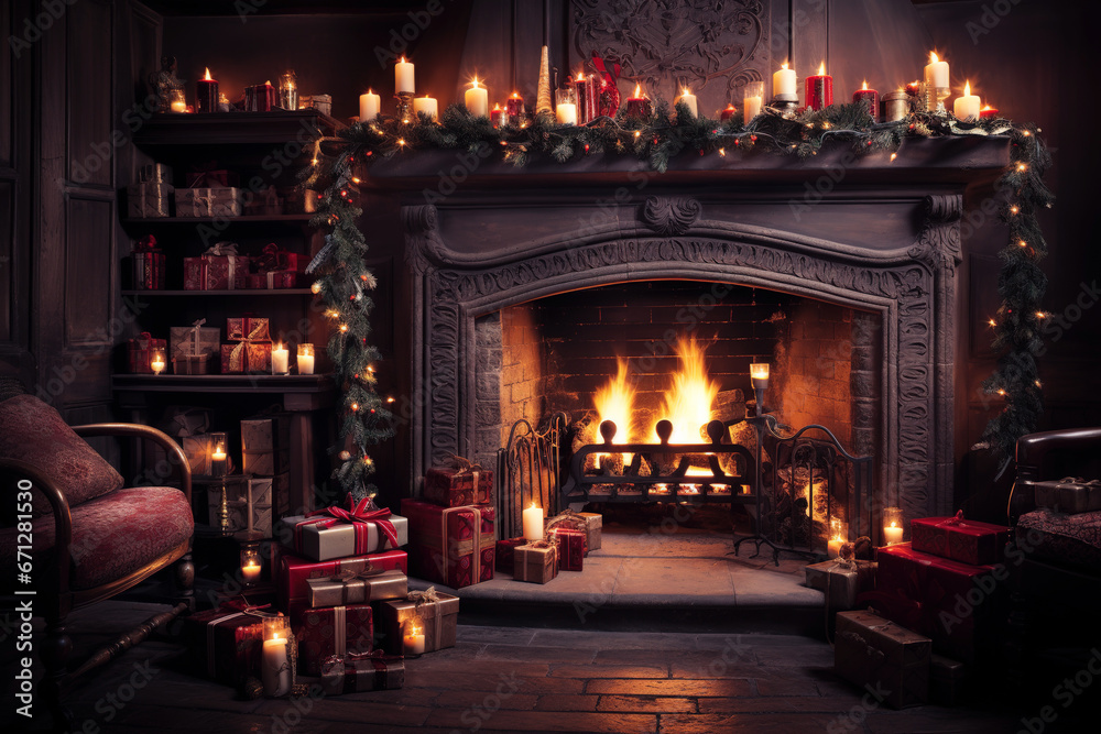 Cozy fireplace with hanging socks and Christmas tree. Christmas concept. Generative AI