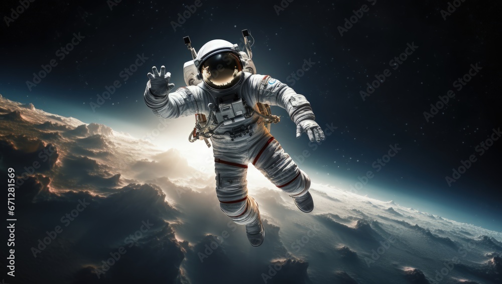 Spacewalk, astronaut cosmonaut, hovering above the ground, Beauty of deep space. Billions of galaxies in the universe. Boundless space, galaxy