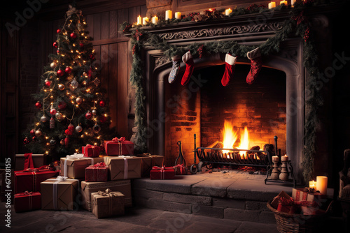 Cozy fireplace with hanging socks and Christmas tree. Christmas concept. Generative AI