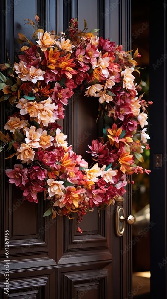 A close up of a fall wreath on brown front door.UHD wallpaper